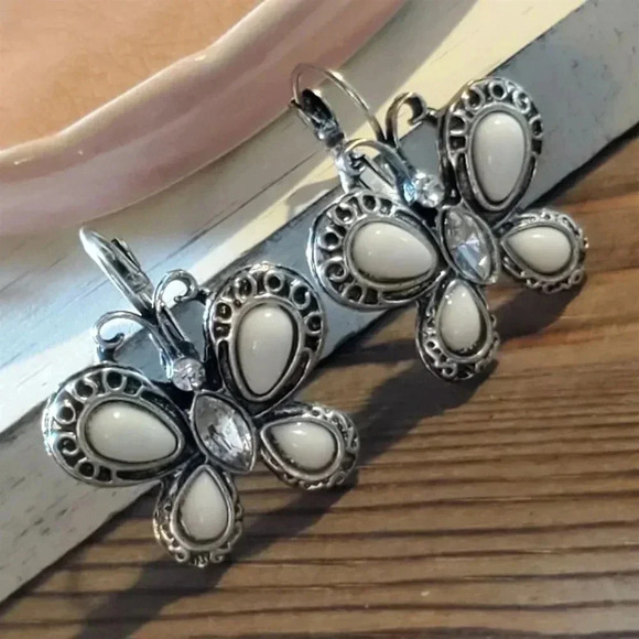 Antiqued Silver White & Clear Crystal Rhinestone Butterfly Leverback Earrings - Picture 5 of 7